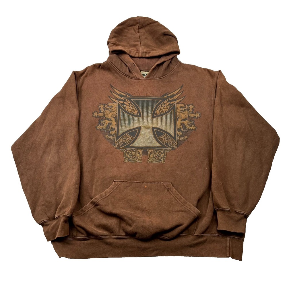VTG Y2K Gothic Iron Cross Authentic ODM Hoodie Mens XL Brown Cotton Wings